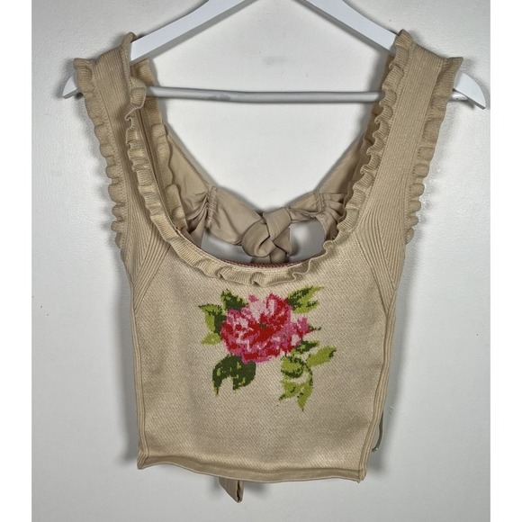 ANTHROPOLOGIE Medium Bow-Back Tan Rose Ruffled Sleeveless Ribbed Sweater Tank - Picture 3 of 9